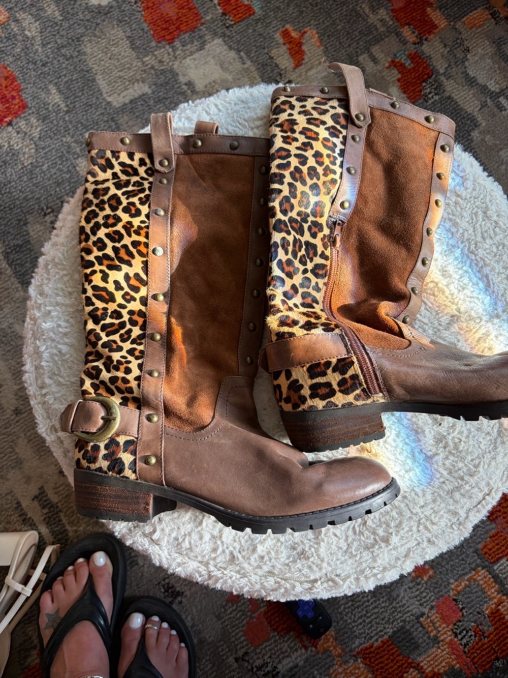P&Y Denim Brown Leather and Leopard-Print Mid-Calf Lace-Up Boots